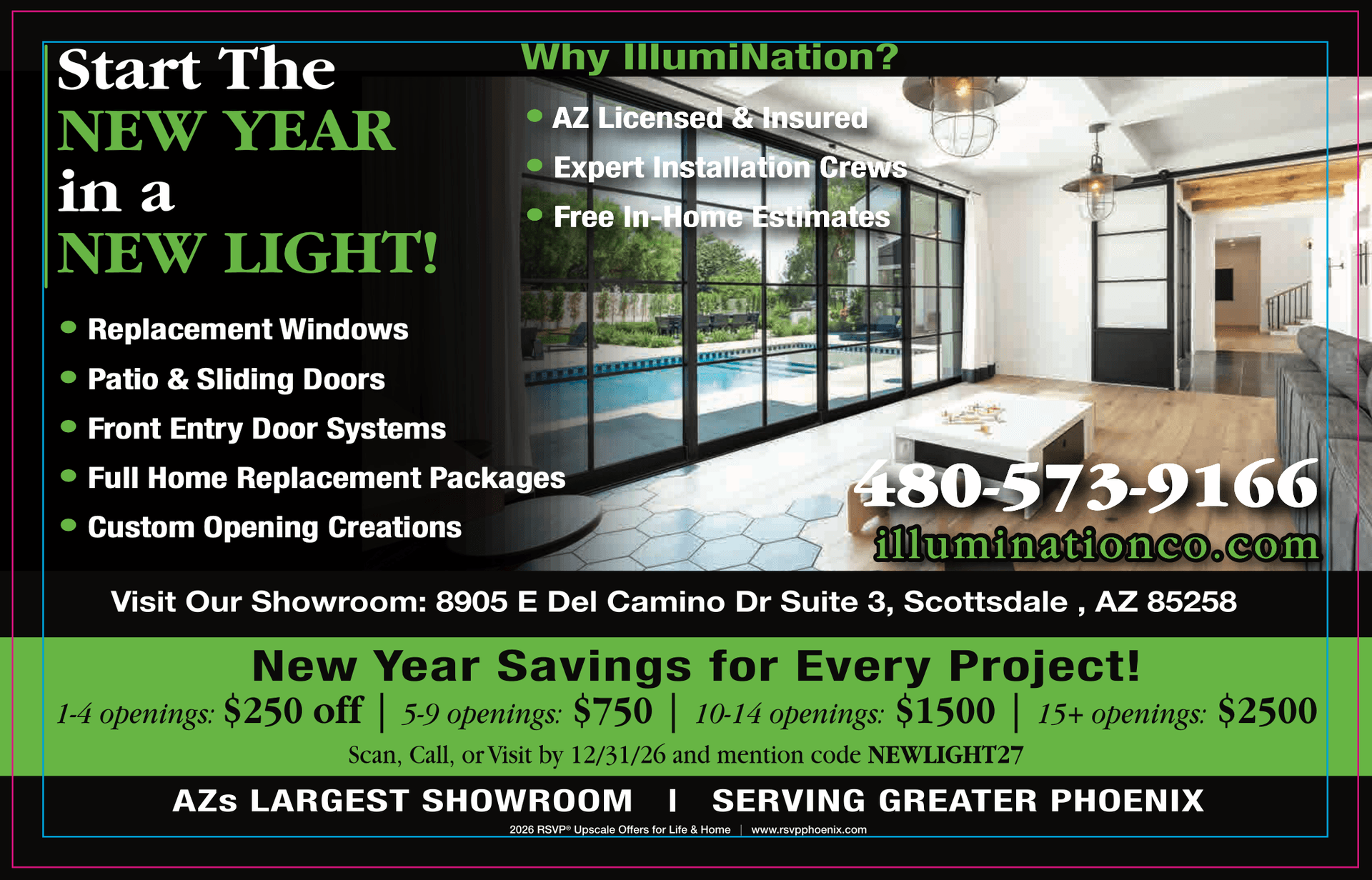 IlluminiCo promotional flyer for windows, doors, and home replacement with large patio doors overlooking a pool, offering New Year discounts and listing services like replacement windows and sliding doors